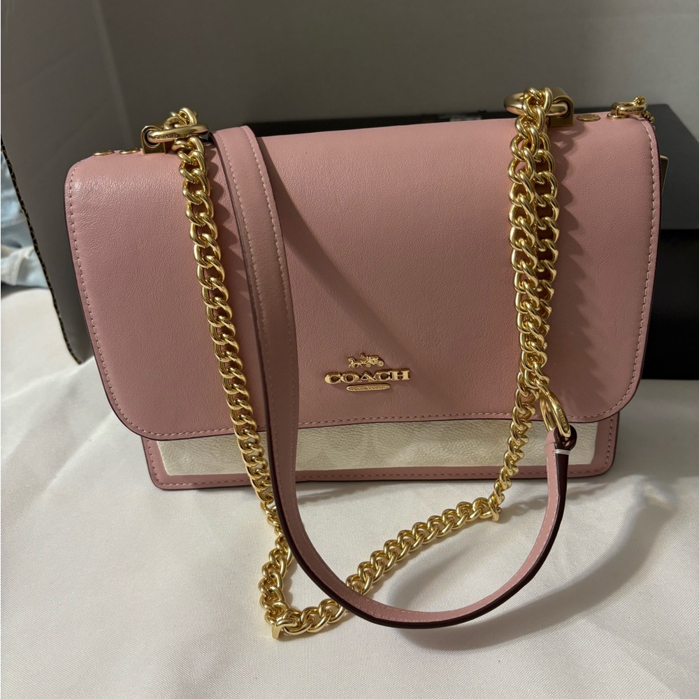 Coach Pink and Cream Leather Shoulder Bag with Gold Chain - Picture 7 of 16